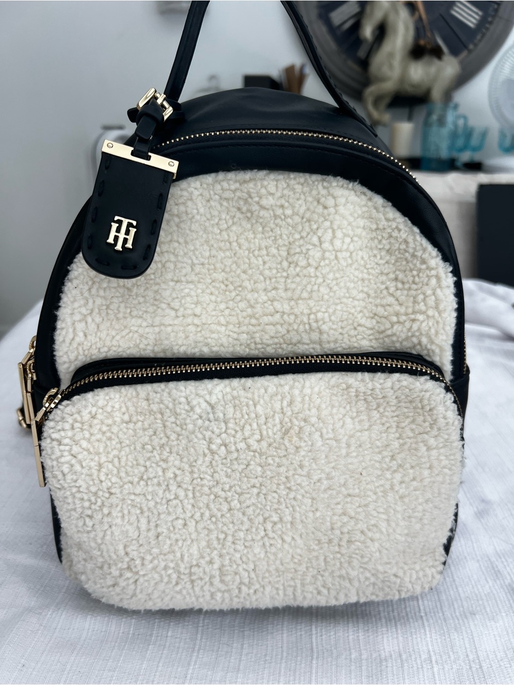 Tommy Hilfiger Cream Sherpa & Black Trim Mini Backpack